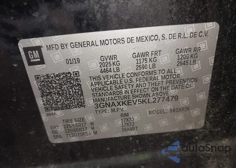 2019 Chevrolet Equinox Lt z USA, uszkodzony, nr VIN 3GNAXKEV5KL277479